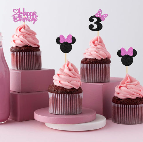 Pink Glitter Mini Mouse Inspired Cupcake Toppers with Bow - Kids Girls 3rd Birthday Baby Shower Party Cupcake Decorations - Cartoon Theme Pink Mou...