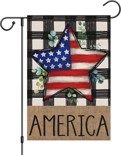 Louise Maelys 4th of July Garden Flag 12x18 Double Sided, Small Burlap Welcome Patriotic Strip Stars Garden Yard House Flags Buffalo Check Plaid f...