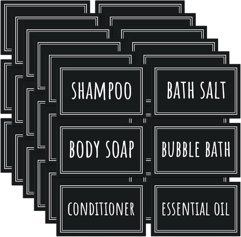 Segbeauty 36PCS Black Waterproof Labels, Self-Adhesive Bathroom Labels for Organizing, Removable Printed Shampoo Conditioner Body Soap Bath Salt E...