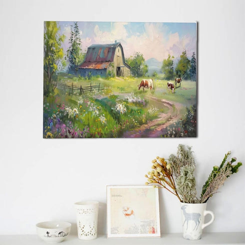 Highland Cow at Old Barn Farm Landscape Canvas Framed Wall Art Wall Decor Farmhouse Country Flower Floral House Prints Painting Picture Artwork fo...