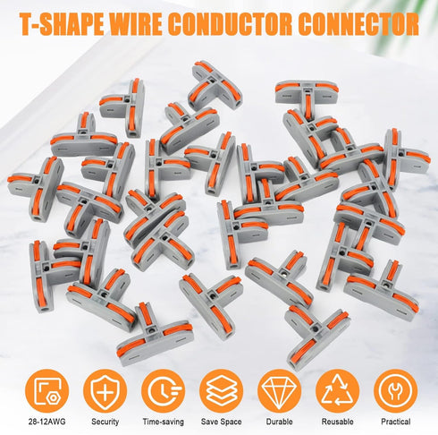 EEEKit 30Pcs Compact Wire Conductor Connector, T-Shape Lever Nut Wire Connector, Quick Splitter 3 Way Electrical Connectors, AWG 28-12...