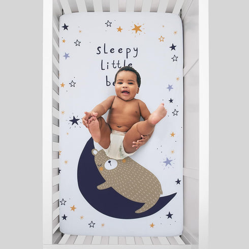 NoJo Goodnight Sleep Tight White & Blue Bear, Moon, & Star 100% Cotton Photo Op Fitted Crib Sheet, Light Blue, Navy, White, Tan...