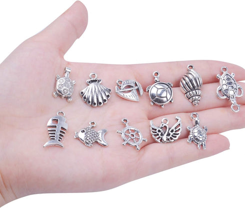 BronaGrand 100pcs Mixed Antique Silver DIY Ocean Fish & Sea Creatures Charms Pendants for Making Bracelet and Necklace...