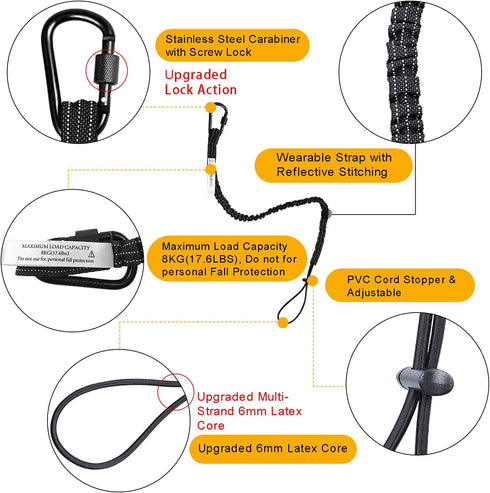 3 Pack Retractable Tool Lanyard, Safety Fall Protection Tools Leash with Aluminum Screw Lock Carabiner Clip and Adjustable Loop End, Tough Scaffol...