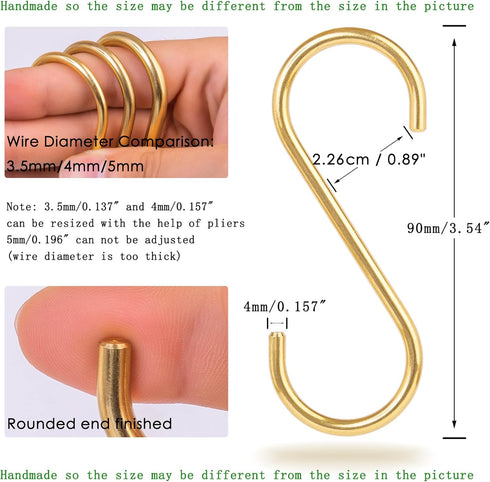 12-Pack 3.95" Brass S Hooks for Hanging – Heavy-Duty S-Shaped Hook for Coffee Cups Mug Coat Clothes Storage Hangers Kitchen Pot Pan Racks...