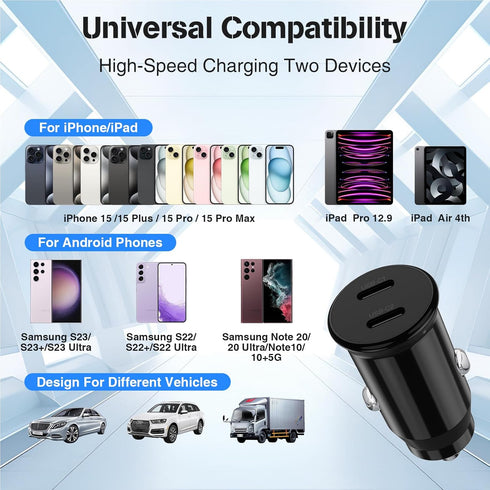 Car Charger for iPhone 15, 40W Dual USB C Car Charger Cigarette Lighter with 2 Pack 10FT USB C to USB C Cable Fast Charging Compatible for iPhone ...