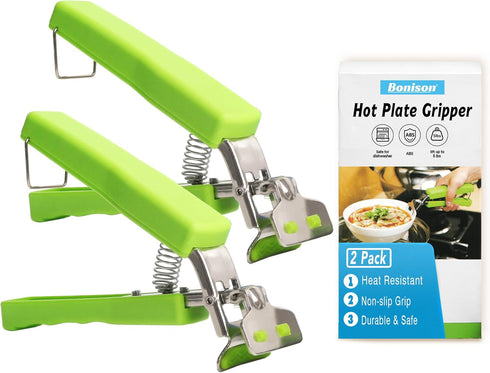 2 Pack Hot Plate Gripper Clips Holder Tongs for Moving Hot Plate Bowls Pizza Pan Air Fryer Microwave Oven with Food Out, Green...