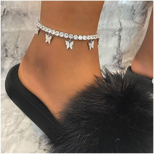 Boho Crystal Butterfly Anklet Bracelet Butterfly Tassel Anklet Chain Silver Cz Butterfly Ankle bracelet Rhinestone Tennis Chain Ankle Foot Chain J...