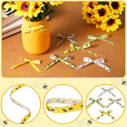 Jutom 15 Rolls 60 Yards Bee Ribbon Bee Flowers Bee Gnome Grosgrain Stripes Dots Yellow Wreath Ribbon Spring Easter Decorations for Sewing DIY Craf...