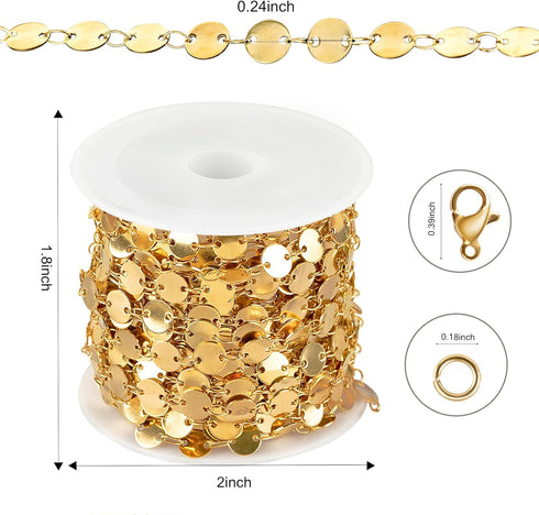 Kyutong 5 Meters Circle Sequins Link Chain Roll Gold Jewelry Chains for Making Jewelry Stainless Steel Chain Bulk with Lobster Clasps and Jump Rin...