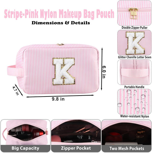 Makeup Bag Set 2pcs Spring Break Essentials Monogram Initial Cosmetic Bag Set Womens Toiletry Bag Nylon Skincare Bag With Portable Handle and Pock...