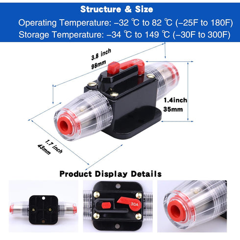 30 Amps Audio Inline Circuit Breaker Reset Fuse, 12V-24V DC Manual Reset Inline Fuse Holder for Car Marine Trolling Motors Audio, Stereo Switch an...