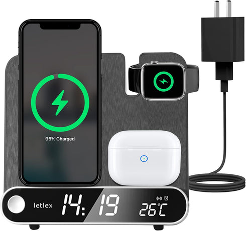 Smart 3 in 1 Wireless Charger Alarm Clock – Digital with LED Display – Qi 15w Fast Charging Station – with 18w Adapter & Type C Cable – Compatible...