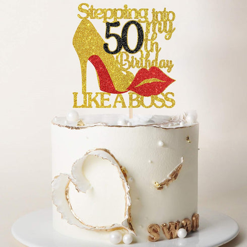 INNORU Gold Red Glitter Stepping into 50 Cake Topper - 50th Birthday Cake Decor - Like a Boss - Happy Birthday Party Cake Decorations...