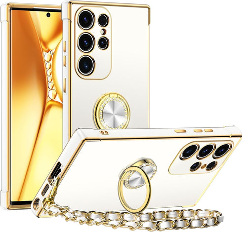 Miss Arts for Samsung Galaxy S22 Ultra Case, Ring Holder Stand Luxury Bling Electroplated Phone Case with Strap, Cute Soft TPU for Samsung S22 Ult...