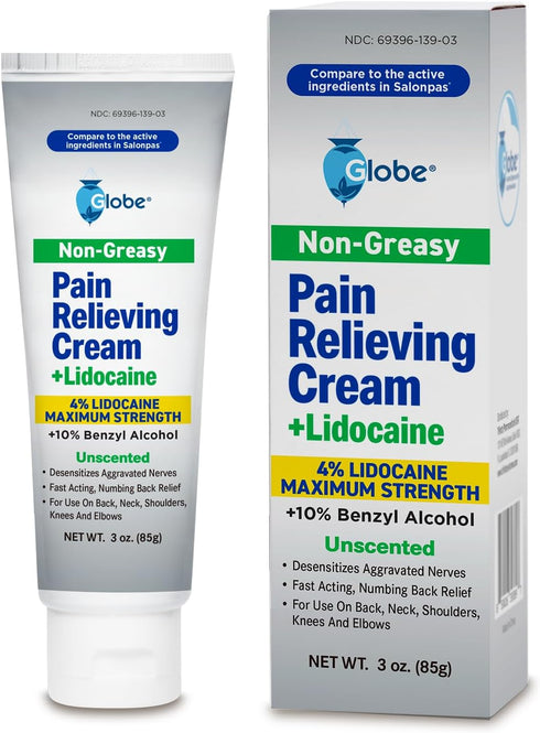 Globe Pain Relieving Cream Plus 4% Lidocaine, Fast Acting, Numbing Relief, Unscented, Compare to The Brand Name Lidocaine Plus Pain Relieving Crea...