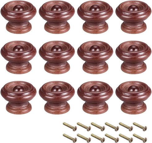 uxcell Round Wood Knobs,12Pcs 37mm Dia Cabinet Furniture Kitchen Pulls handles for Dresser Drawer Wardrobe, Dark Red...