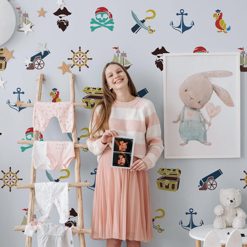 FINGERINSPIRE 9 Pcs Pirate Theme Stencil Sets 5.9x5.9 inch Pirates Machetes Skeletons Stencils Plastic Steering Wheel Parrots Treasure Chest Patte...