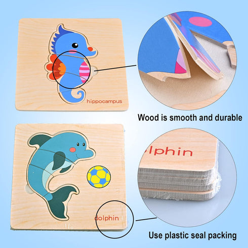 8pcs Wooden Puzzles for Toddlers 1-3, Toddler Puzzles Ages 2-4, Montessori Toys for 1-3+ Years Girl Boy, Sea Animal Puzzle for Kids, Jigsaw Puzzle...