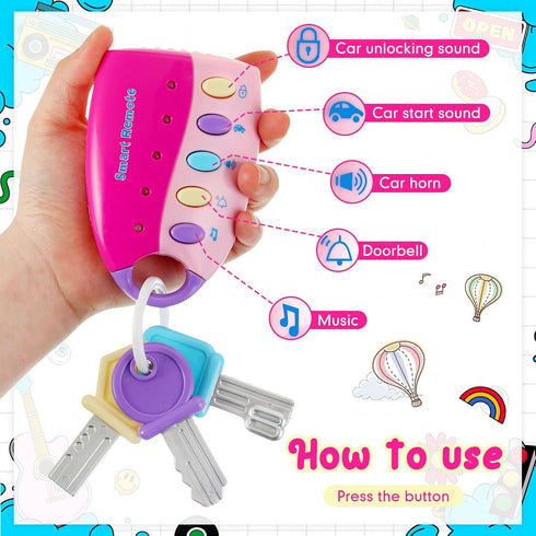 Skylety Musical Smart Remote Key Toy Fake Car Toy Keys with Sound and Lights Fun and Educational Key Toys for Travel Play (Pink)...