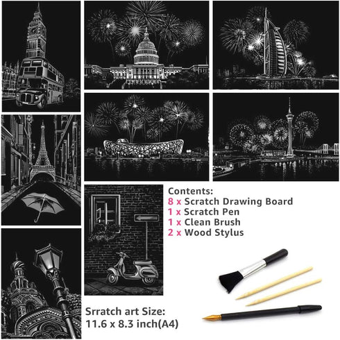 Scratch Art for Kids & Adult, Rainbow Engraving Painting Landscape Scratchboard(A4) Crafts Set: 8 Sheets 4 tools - Congress Building, Burj Al Arab...