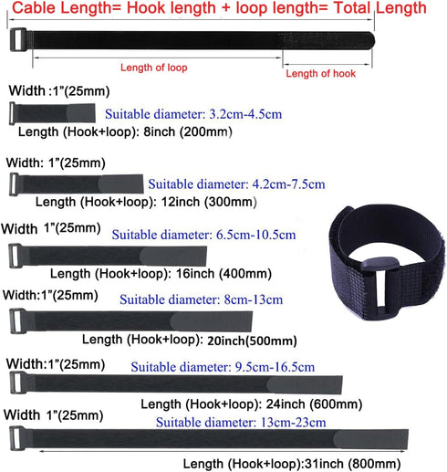 Fastening Nylon Strap with Buckle,10Pack Reusable Self-Adhesive Hook and Loop Cable Securing Straps,Adjustable Cinch Straps for Cords Organized an...