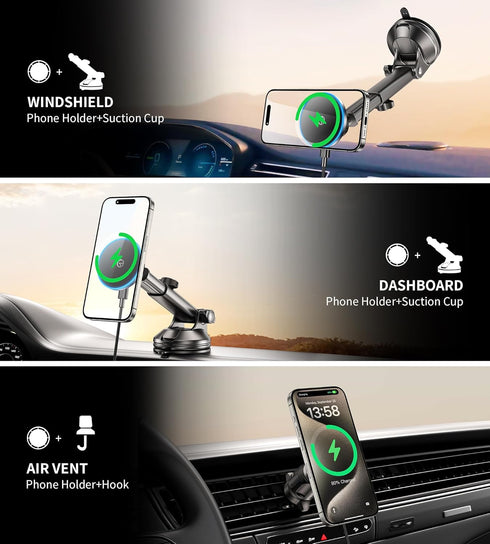 for MagSafe Car Mount Charger -?DashVentWindshield?Wireless Car Charger with ?LED Light?for Night Align, Strong Magnetic Phone Holder for Car for ...