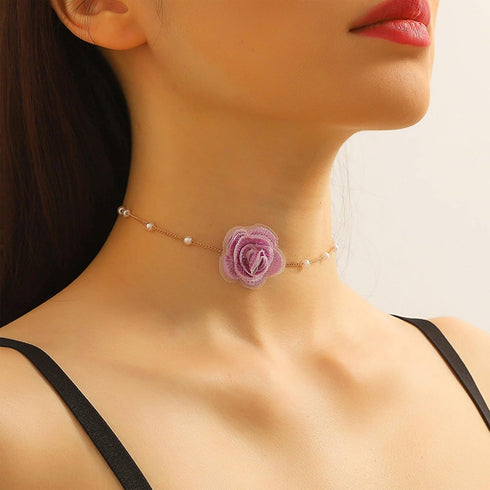 Rose Flower Choker Necklace Vintage Pearl Choker Necklace for Women Floral Choker Rose Choker Bride Wedding Party Summer Necklace (Purple)...
