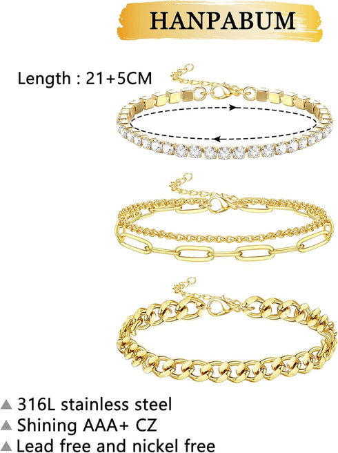 HANPABUM 3-4 PCS Stainless Steel Chain Anklet for Women Dainty Boho Tennis Ankle Bracelets Set Layered Link Paperclip Chain Anklet Adjustable Summ...