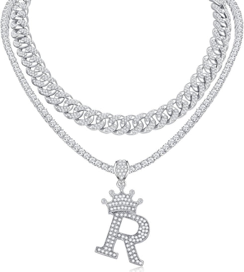 Honsny Cuban Link Chain For Women Men Silver Crown Initial Pendant Necklace Iced Out Miami Bling Diamond Tennis Chain Necklaces A-Z Letter Pendant...