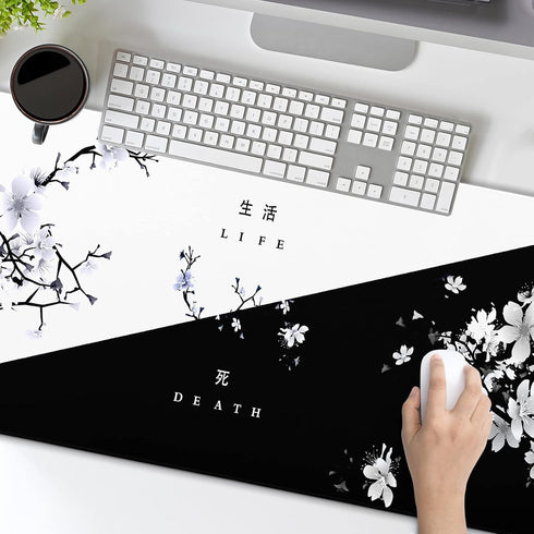 Black White Cherry Blossom Mouse Pad Japanese Sakura Death Life Flower Extended Desk Mat 80X30 cm Non-Slip Rubber Base Stitched Edge Large XL Play...