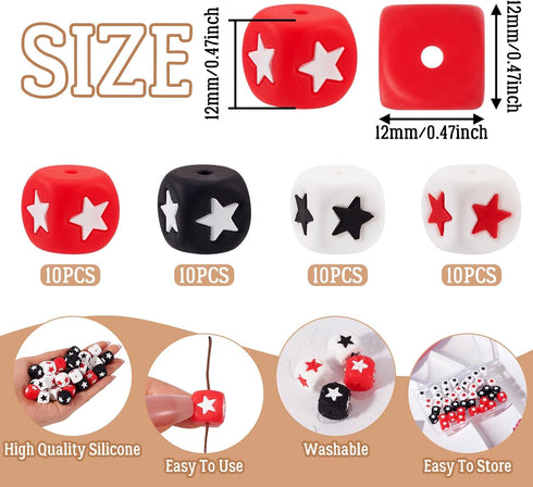 40Pcs Silicone Star Beads Cube Focal Beads 12mm Square Shaped Beads Red Black Pen Beads for Crafts DIY Beadable Pens Keychain Bracelet Jewelry Mak...