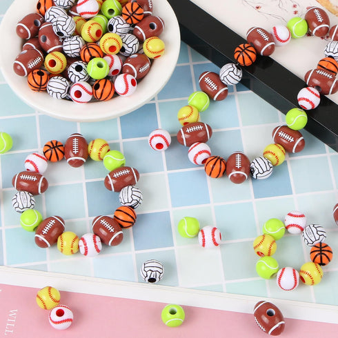 300 Pcs Sports Ball Beads for Jewelry Making, Acrylic Sports Beads Bulk, Baseball Basketball Volleyball Softball Football Tennis Beads with Stretc...