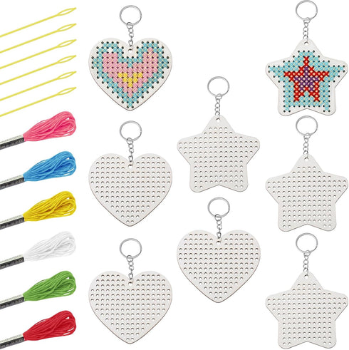 GLOBLELAND 8 Pcs Wooden Cross Stitch Kits Love Star Wood Cross Stitching Keyrings Wood Sewing Kit Plastic Needle Embroidery Kit for Beginners...