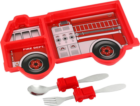 Funwares Fire Engine Kids' Dinnerware Set: Durable, Divided Plate, Ideal for Picky Eaters, Educational Mealtime, Easy Cleaning, Gift For Toddlers...