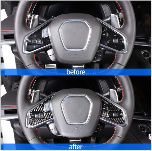 Real Carbon Fiber Steering Wheel Button Cover Sticker Compatible with Chevrolet Corvette C8 2020-2023, Car Steering Wheel Panel Protection Trim (B...