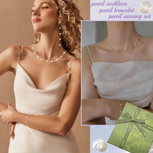 Pearl Necklace and Earring Set - 4PCS Pearl Jewelry Set for Women Adjustable Gold Plated Pearl Choker Bracelet Earrings Set Trendy Gifts (Satellit...