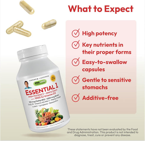 ANDREW LESSMAN Essential-1 Multivitamin 1000 IU Vitamin D3 30 Small Capsules – 100 mcg Methyl B12. CoQ10 Lutein Lycopene Zeaxanthin. High Potency....