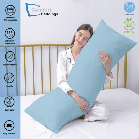 Comfort Beddings Body Pillow Cover Pillowcase 20 x 72 Zipper Closer 100% Organic Cotton 600 Thread Count Premium Light Blue Body Pillowcases Pillo...
