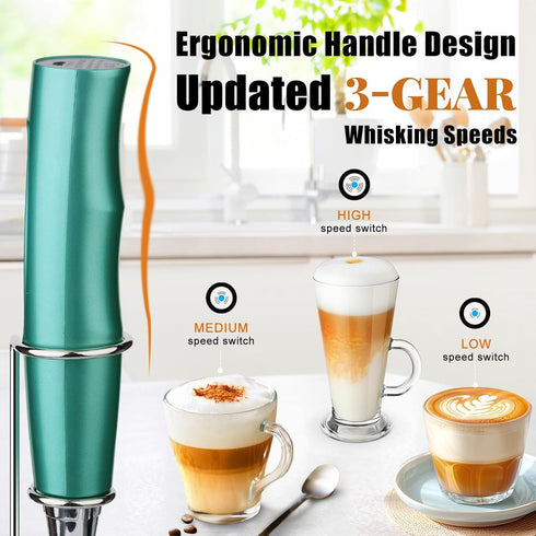 Green Milk Frother Wand for Coffee, Frother Handheld with Stand Rechargeable Electric Whisk with 3 Heads 3 Speeds Drink Mixer Coffee Frother Foam ...