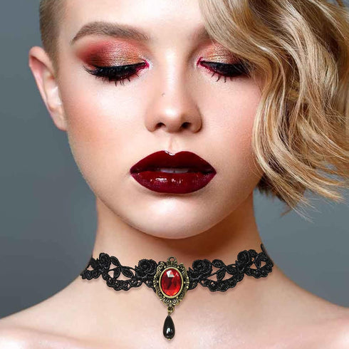 Gothic Black Choker Lace Necklace Royal Court Vampire Choker Necklace with Red Rhinestone and Black Teardrop Pendant Halloween Costume Jewelry for...