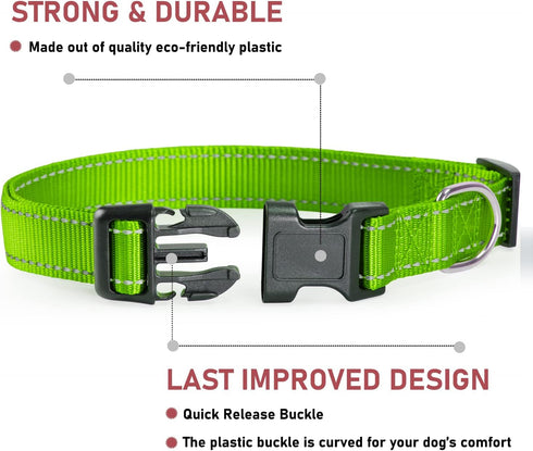 Reflective Dog Collar with Buckle Adjustable Safety Nylon Collars for Small Medium Large Dogs, Grass Green M...
