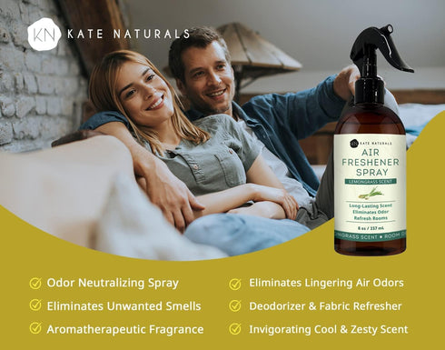 Kate Naturals Air Freshener Spray for Home. Lemongrass Essential Oil Room Freshener Spray for Pillows, Bedding, Linen, Room Spray (8 fl oz, Lemon ...