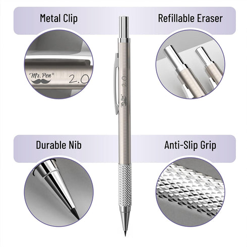 Mr. Pen- Metal Mechanical Pencil Set in Leather Case, 5 Sizes, 0.3, 0.5, 0.7, 0.9, 2mm, mechanical pencils, Sketching Pencils, Drafting Pencil, Me...