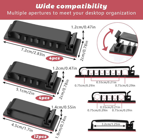 Cable Management Clips, 20 Pcs Self-Adhesive Cable Clips, Electrical Cord Management Cable Organizers Wire Clips Cord Holder Under Desk for TV PC ...