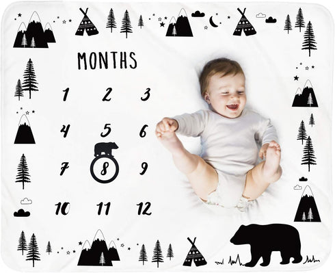 Baby Monthly Milestone Blanket Boy - Bear Newborn Month Blanket Unisex Neutral Personalized Shower Gift Woodland Nursery Decor Photography Backgro...