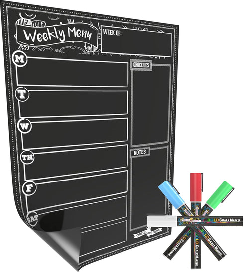 Magnetic Dry Erase Menu Board for Fridge includes 4 Liquid Chalk Markers - Weekly Meal Planner Blackboard, Grocery List and Notepad for Kitchen Re...