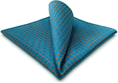 SHLAX&WING Blue Mens Pocket Square Silk Hanky Checkered 12.6 inches Large Size...