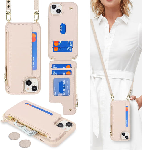 Cavor for iPhone 13 Case with Card Holder,iPhone 13 Wallet Case for Women,Phone Case iPhone 13 Case with Strap,Crossbody Lanyard and Wristlet,Leat...