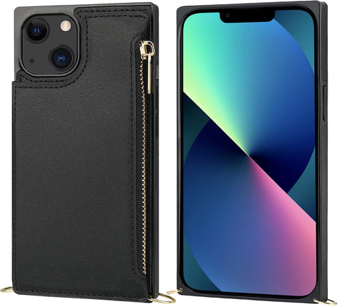 Bocasal Crossbody Wallet Case for iPhone 13 with RFID Blocking Card Slot Holder, Magnetic Flip Folio Purse Case, PU Leather Zipper Handbag with De...